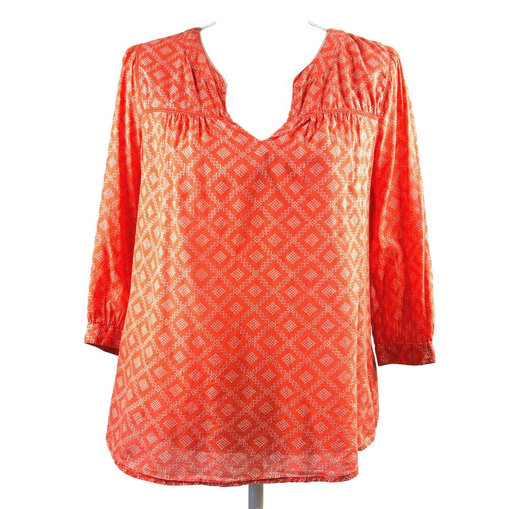 Gap Women's Orange 3/4 Sleeve V Neck Blouse ~ lightweight All Over Print Shirt S